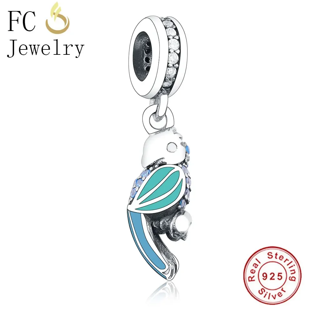 

FC Jewelry Fit Original Brand Charms Bracelet 925 Sterling Silver Parrot & Green Enamel Feather Zircon Bead For Making Berloque