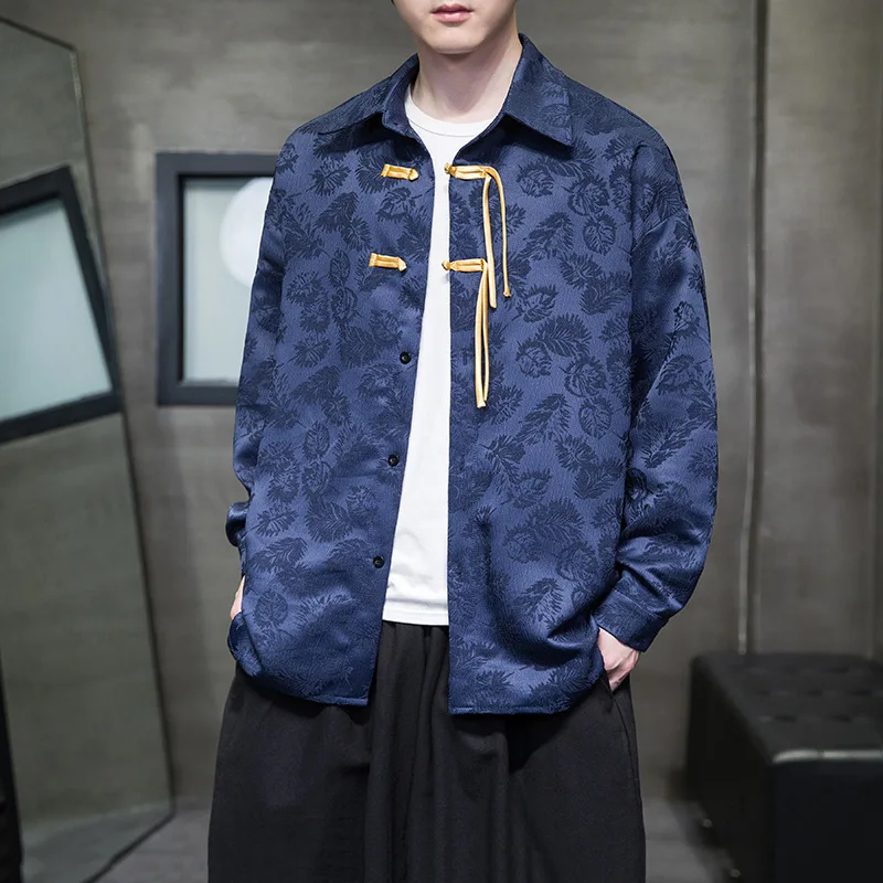 Male Fashion Printed Plus Size 5XL Coat Traditional Chinese Tang Style Top Casual Long Sleeved Jacket Retro Button Up Uniform