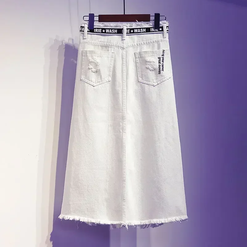 2024 New Women Skirt White Denim Long Skirts Letter Print Korean Style Fashion Hole Oversize Plus Size Female Skirts