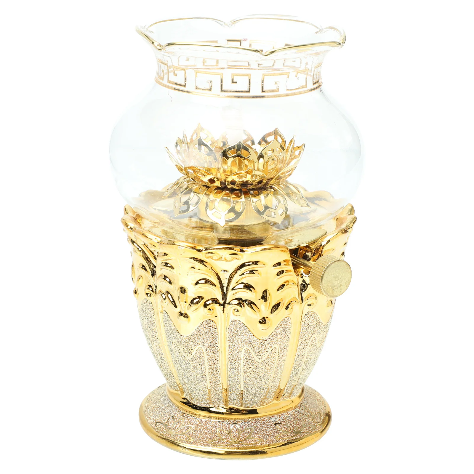 

Exquisite Alloy Lotus Oil Lamp Decorative Light Home Desk Buddhist Hall Illuminated Ornament Glass Cover Elegant