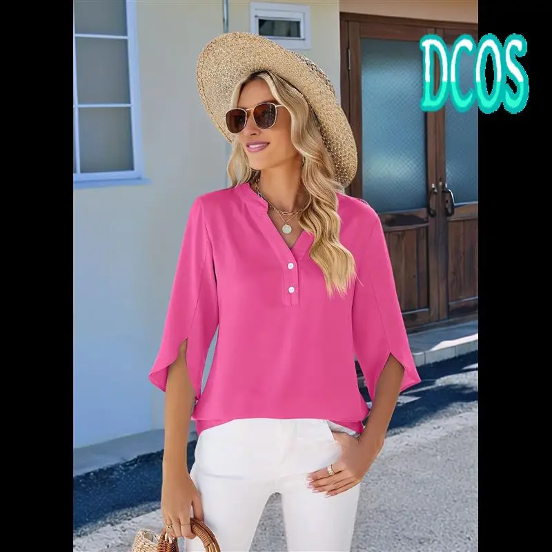 

DCOS-Women's Casual Chiffon Blouse Tops 1/2 Ruffled Sleeve V Neck Loose Fit Blouses Shirts