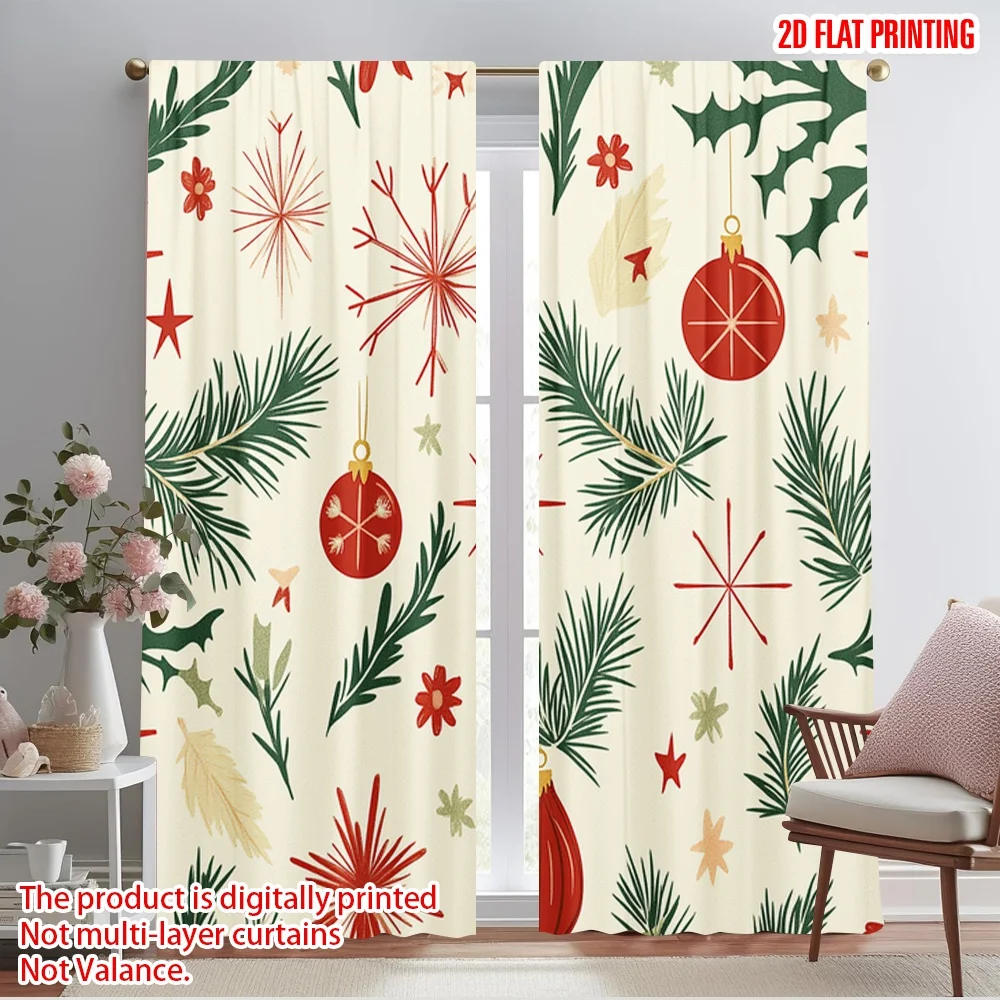 2pcs,2D plane printing Curtains Digital Printed Christmas Baubles Pine Branches Stars (4) 100% Polyester (without rod) All
