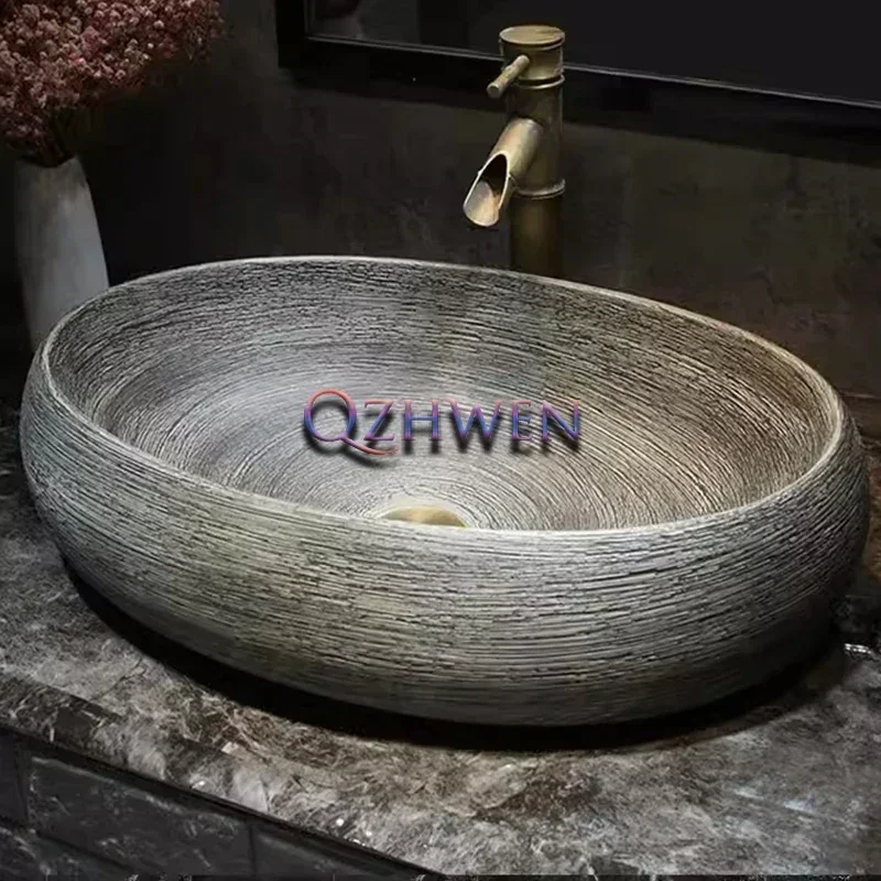 47/40/35cm Ceramic Washbasin Antique Carving Bathroom Sink Imitation Stone Round Chinese Style Countertop Art Basin with Tap