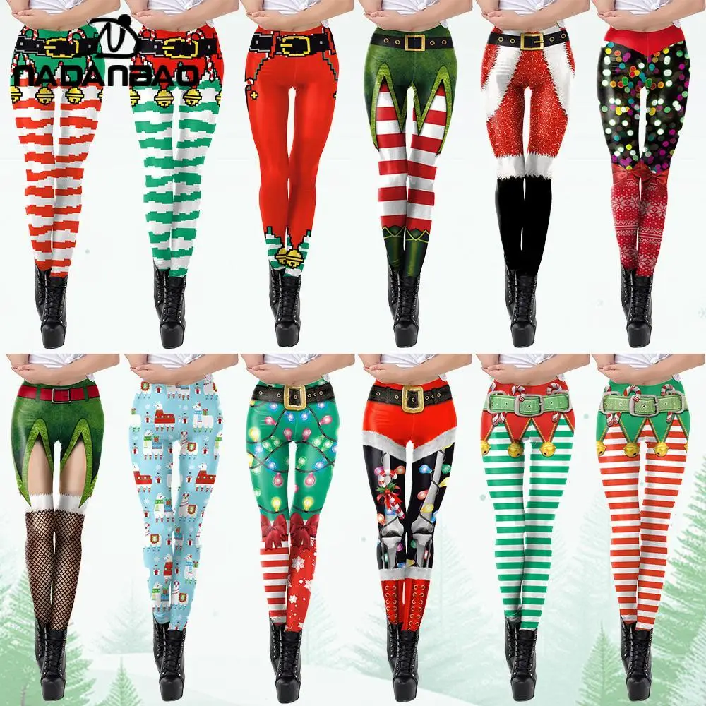 NADANBAO legginsy świąteczne Elf drukowane spodnie Cosplay średnio wysoka talia elastyczne spodnie dziewczęce Lady przyjęcie świąteczne legginsy seksowne rajstopy