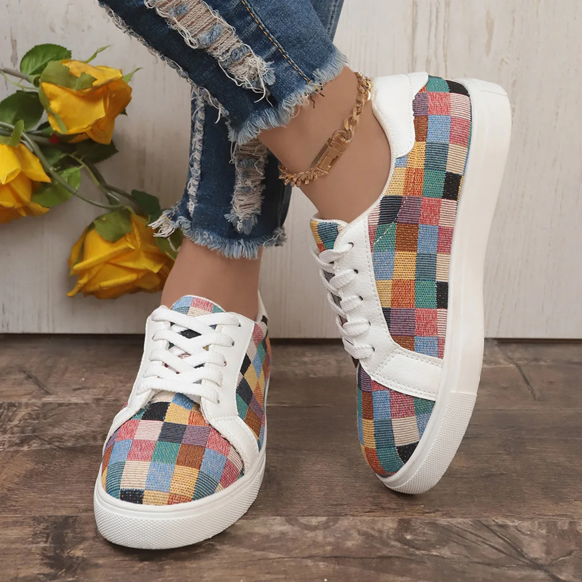 Sneakers Women\'s Canvas Plaid Mixed Colors Casual Shoes Flat Couple Casual Sneakers Low-cut Men and Woman Shoes Tennis Female