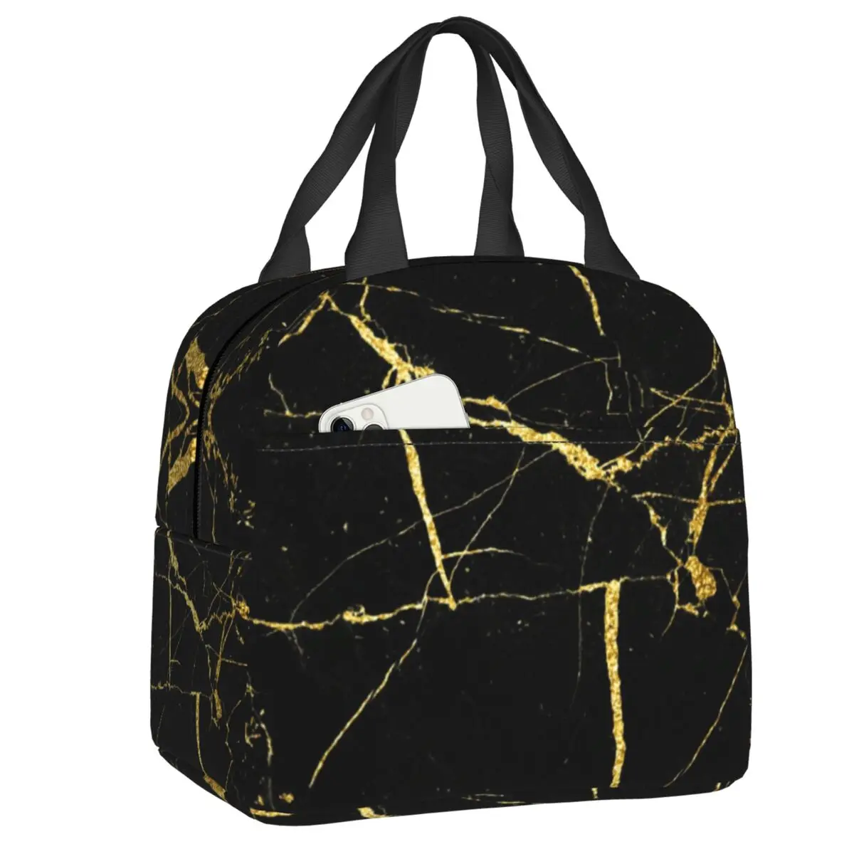 

Luxe Black And Gold Marble Texture Insulated Lunch Bags Women Abstract Geometric Lunch Tote for School Office Outdoor Food Box