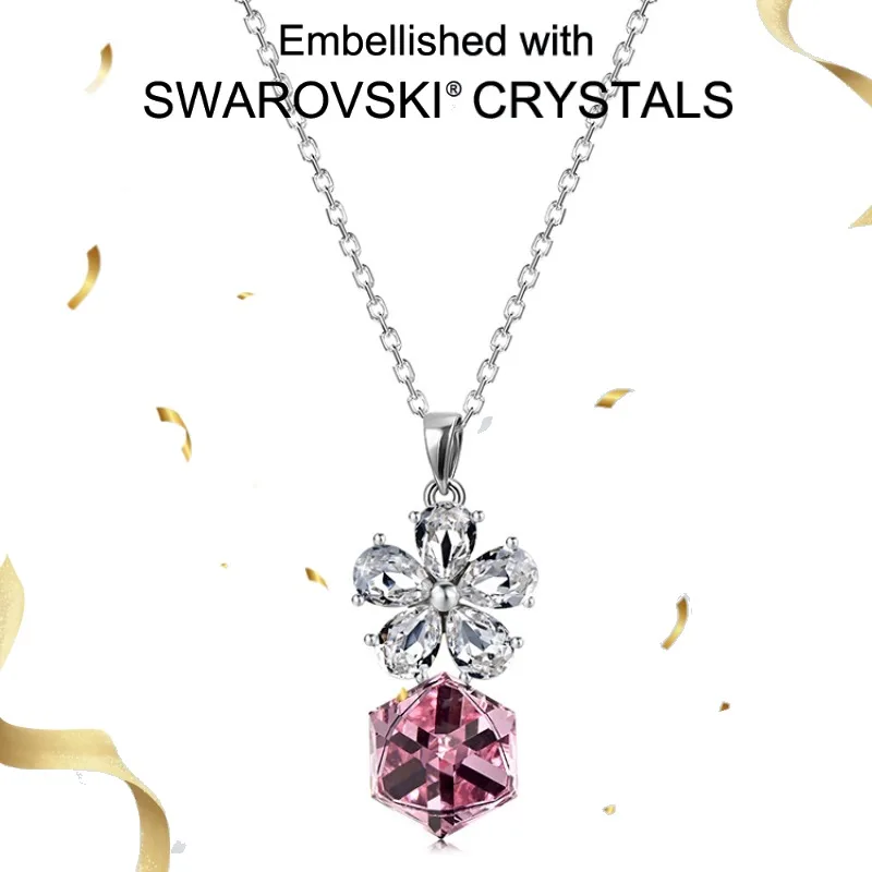 

Daisini Real 925 Silver Pink Swarovski Crystals Exquisite Flower Candy Pendant Necklace for Women Fine Jewelry Dazzling Charm