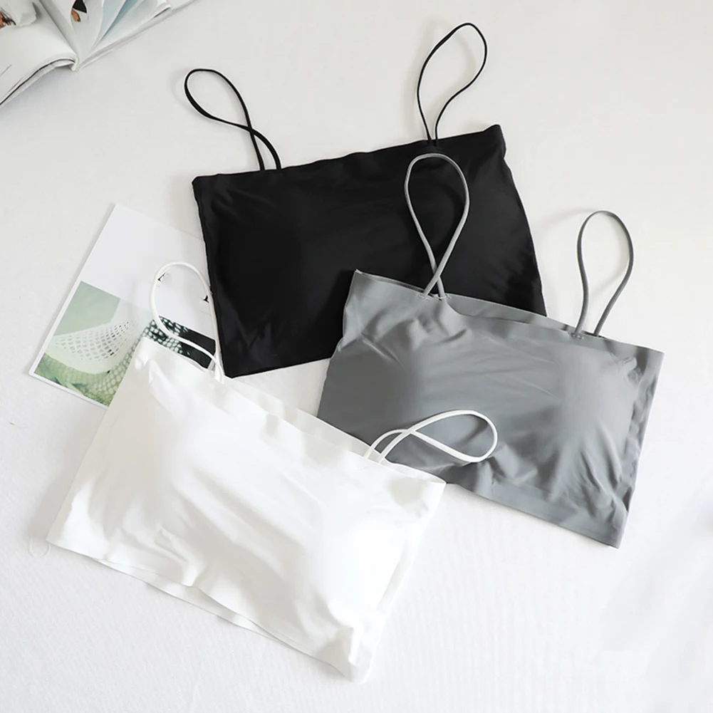 

Women's Summer Ice Silk Seamless Back And Strapless Student Vest With Chest Cushion Bras Female Solid Color Intimates