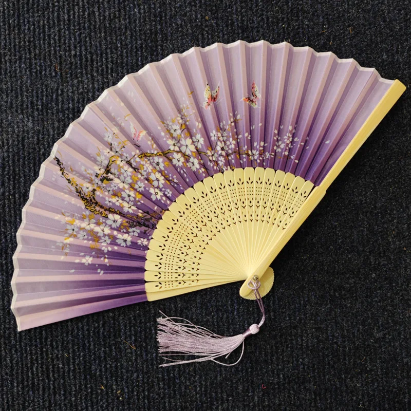 Chinese Vintage Cloth Fans Handheld Wooden Handle Art Flower Patterns Folding Flower Fan Classical Dance Party Performance Tool