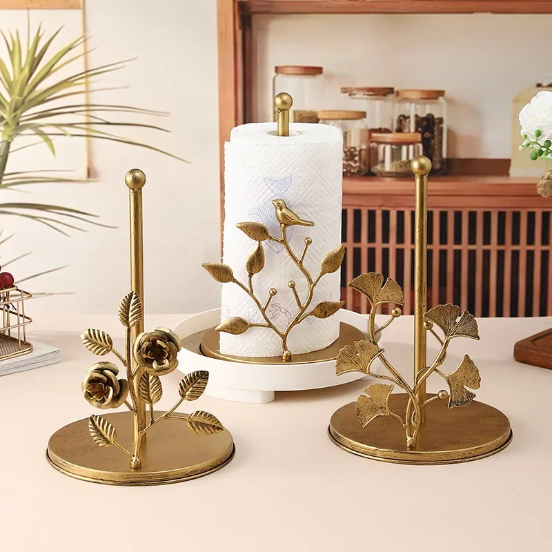 Kitchen Luxury Vertical Tissue Holder Multi Functional Metal Paper Roll Holder Rose Shaped Art Storage Rack Tissue Boxes