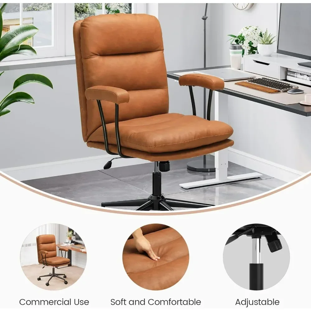 Office chair.Brown Leather Office Chair,Mid Century Home Desk Chair with Padded Mid-Back Support Removable Armrests Height