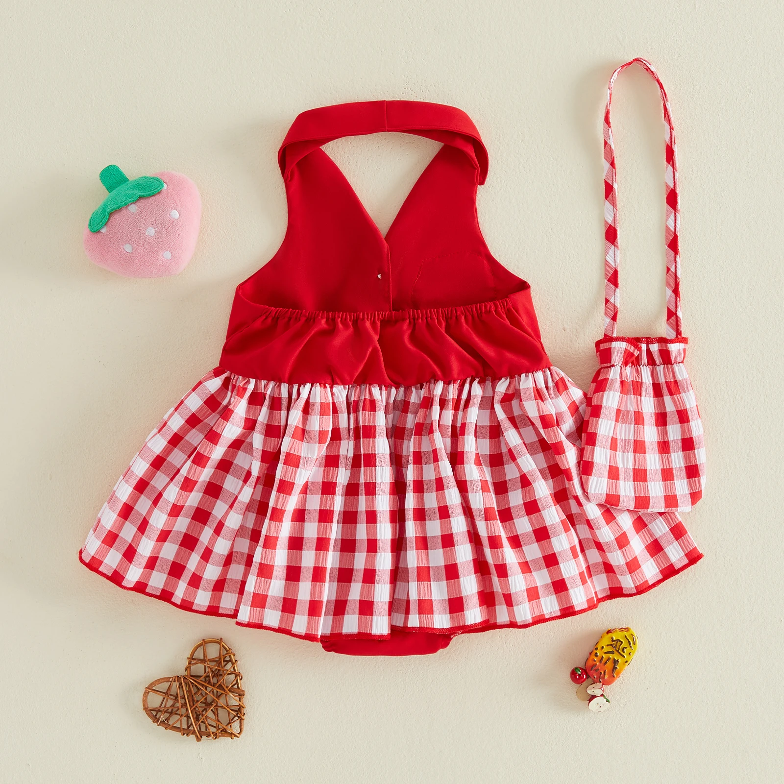 0-18M Infant Baby Girl Summer Outfits Casual Strawberry Plaid Lapel V Neck Sleeveless Romper Dress Headband and Bag 3 Pcs Set