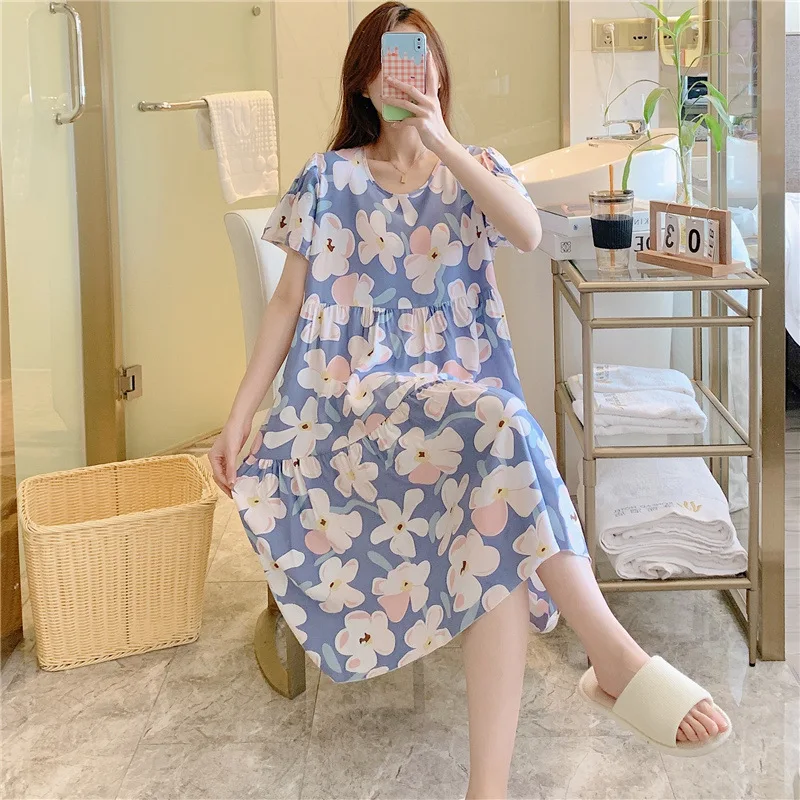 Summer Ladies Cotton Silk Nightgown Female Spring and Autumn Leisure Short-Sleeved Large Size Pajamas Thin Section Homewear