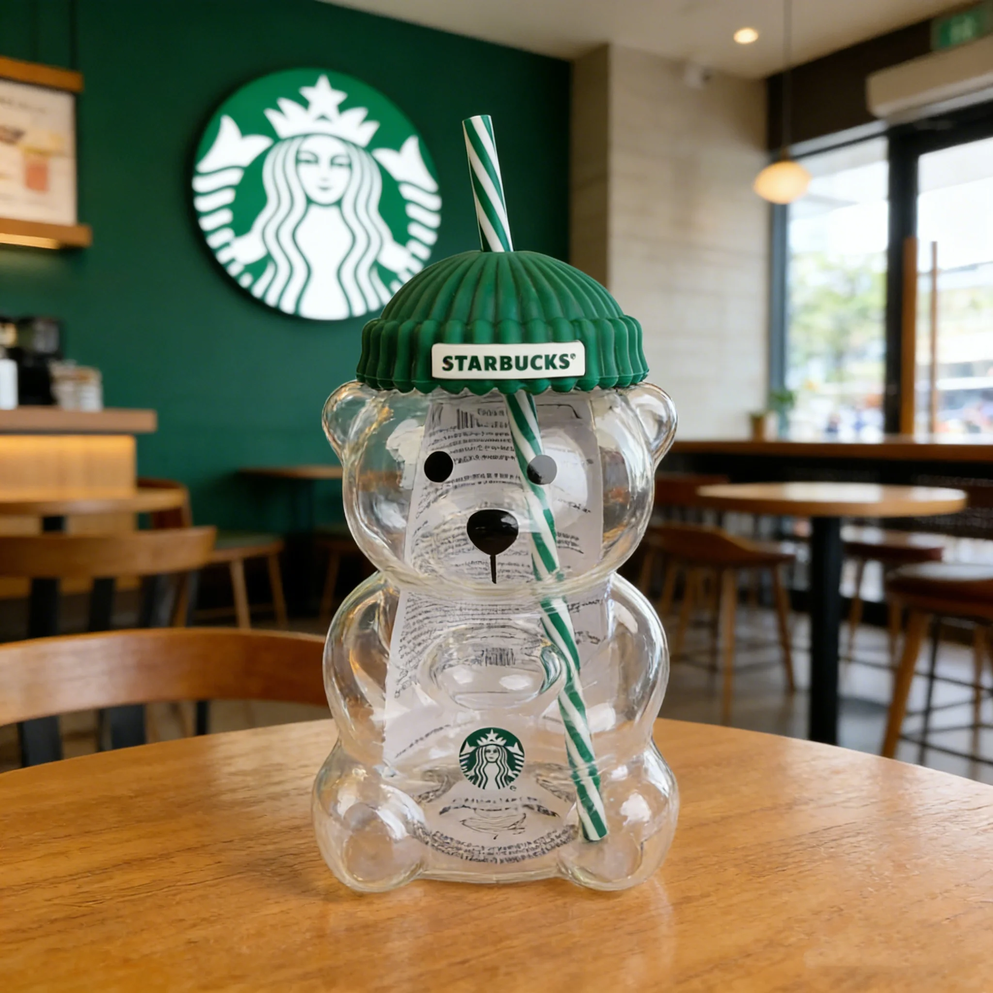 Café Gift Starbucks Bearista Bear Clear Glass Tumbler 591ml Green Lid Straw Iced Coffee