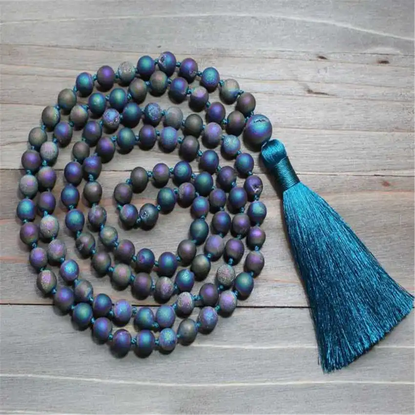 

Natural Druzy Geode Mala Beads Necklace 108 Beads with Raw Quartz Pendant & Teal Tassel Healing Crystal Jewelry