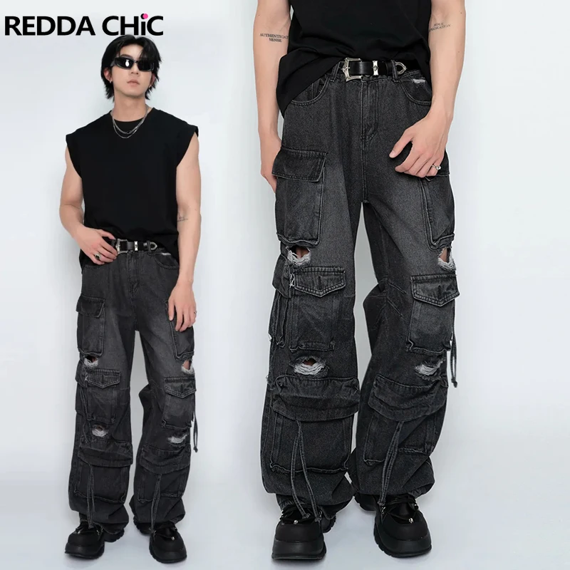 

ReddaChic High Street Men Destroyed Cargo Jeans Multi-pocket Distressed High Waist Casual Wide Pants Trousers Harajuku Work Wear