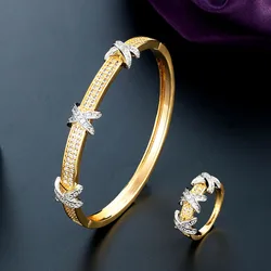 Zlxgirl Luxury Brand Gold And Silver Mixed plated Bangle With Ring Jewelry sets Fine AAA Cubic Zircon Copper Bracelet Anel Aneis