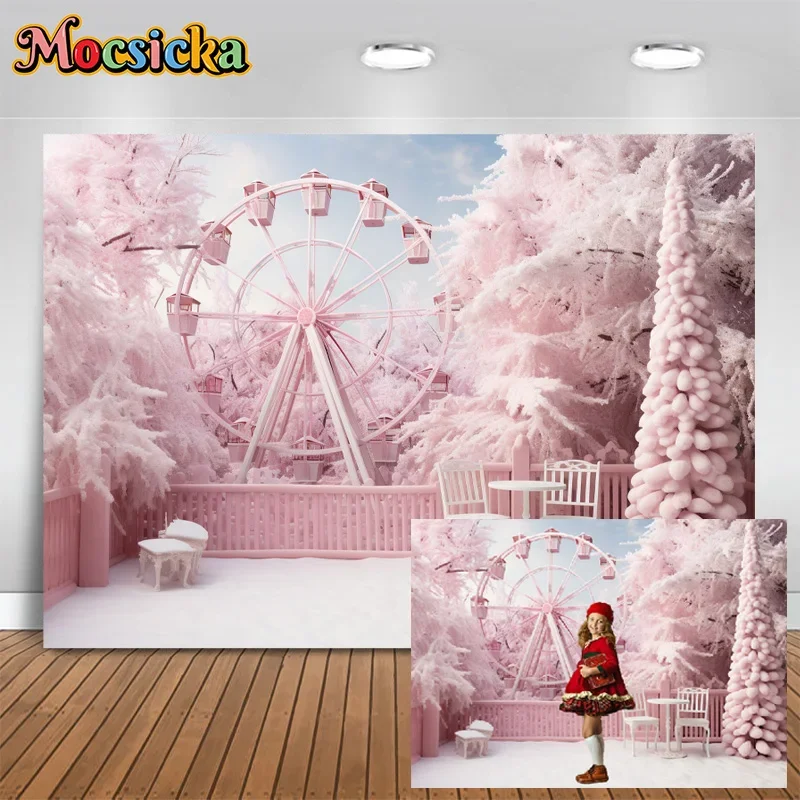 Mocsicka Winter Photography Background Christmas Party Xmas Tree Ferris Wheel Decor Backdrop Baby Show Portrait Banner Studio