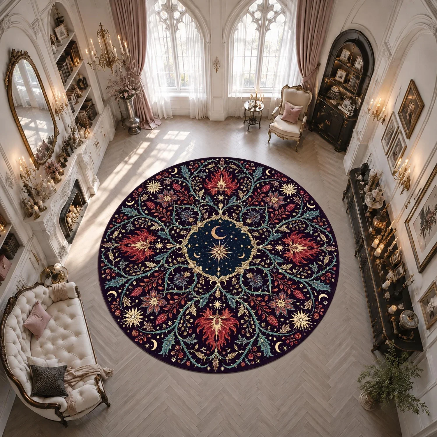 Starry Sky Floral Round Rug, Sun, Moon, and Stars Round Rug, Plum, Navy Blue, and Gold, Gothic Plant Pattern Rug, Dark Bohemian