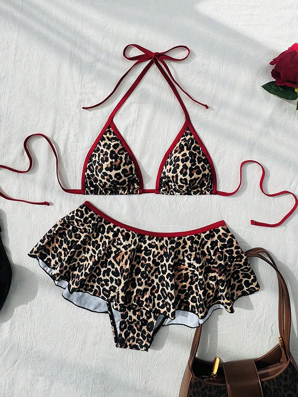 Sexy Leopard Print Halter Lace Up Bikini Set Women's Triangle Ruffle Thong Swimwear Low Waist Swimsuit With Skirt Bathing Suit