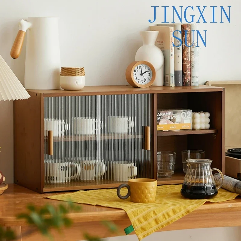 Living Room Bamboo Tea Cabinet Changhong Glass Meal Side Cabinet Multi-function Storage Cabinets Height Adjusted Kitchen Shelf