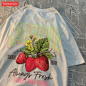 Yaz pamuklu t-shirt, kadın kaliforniya çilek baskı kısa kollu o-boyun büyük boy, nefes, rahat kadın giyim Gömlek çilek 6 büyük satış - №6
