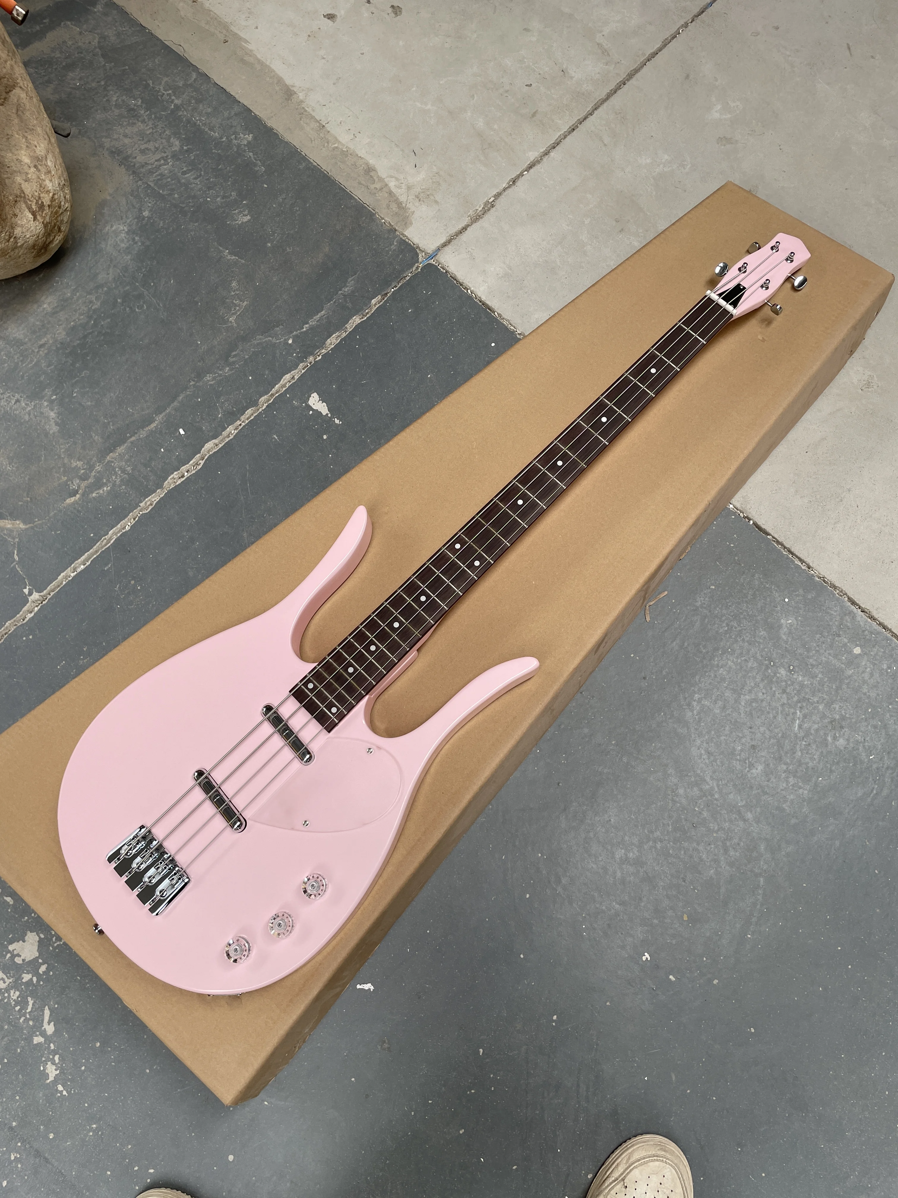Pastel Pink Unique Shape Solid Body Electric Bass Guitar, 4‑String, Dual Pickups, Chrome Hardware, Rosewood Fretboard