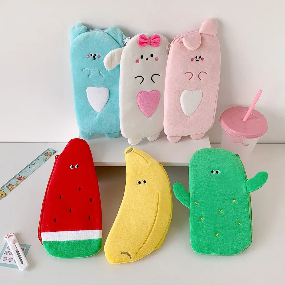 Plush Cartoon Storage Bag Animal Bear Bunny Desktop Storage Fruit Pencil Pouch Cosmetics Card Pen Large Capacity
