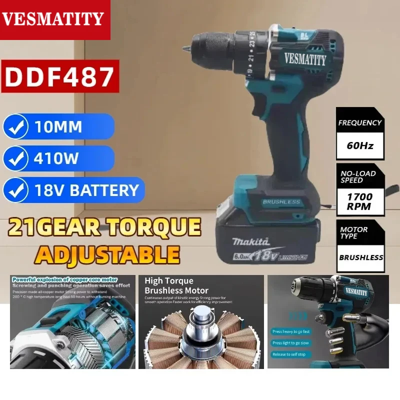 DDF487 10mm Cordless Driver Drill Brushless Electric Impact Screwdriver Rechargeable Power Tool For Makita Battery