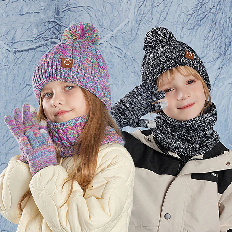 3PCS Kids Winter Cold-proof Hat Scarf Gloves Set Unisex Outdoor Ear Protection Fleece Warm Hat Children Beanie Cap Scarf Gloves