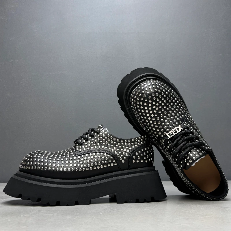 Europe/America Street Style Show Rivet Casual Derby Shoes for Men's Dress Shoes Genuine Leather Thick Sole Height Increased Shoe