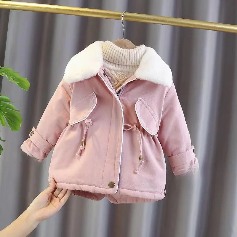 Winter Kids Girls Embroidery Hooded Coats Fashion Thick Warm Cotton Padded Jackets Drawstring Parkas Children Clothes Overcoat