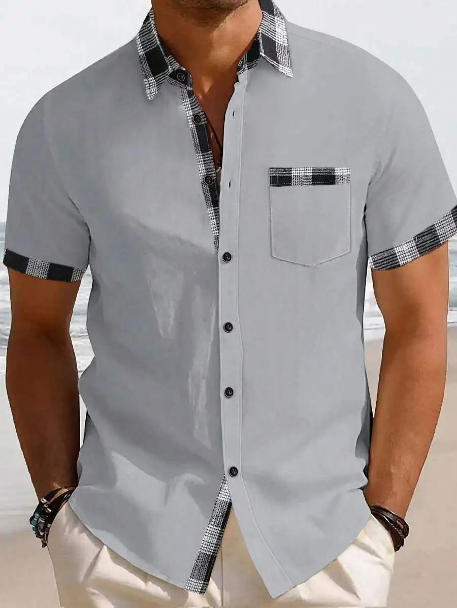 

Men's Light Gray Short Sleeve Button-Up Shirt with Plaid Trim Collar and Pocket