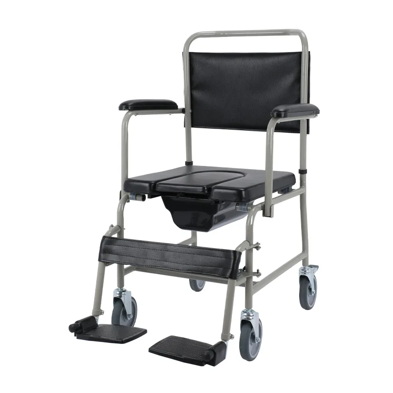 Chaise de toilette à roulettes pour adulte en acier à haute teneur en carbone, modèle quatre roues