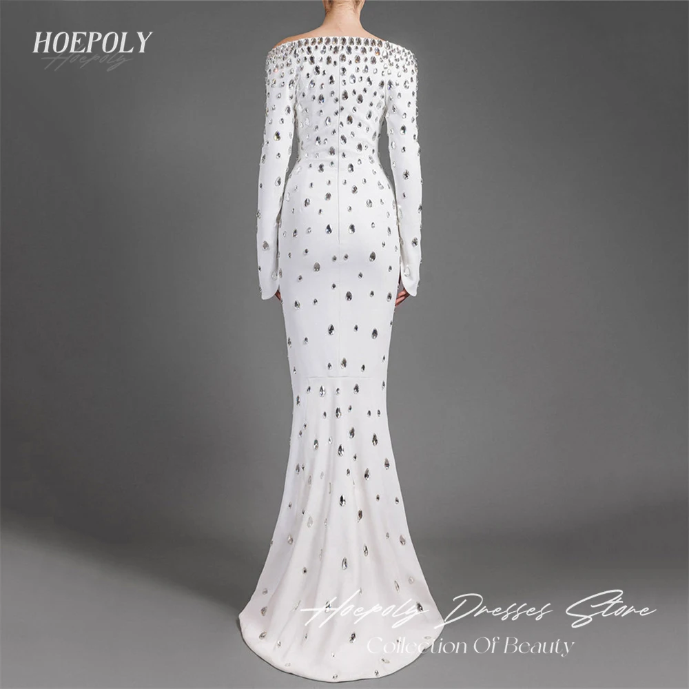 Hoepoly White Luxury Crystal Strapless Full Sleeve Mermaid Long Evening Dress Floor Length Classy Formal Prom Gown For Woman