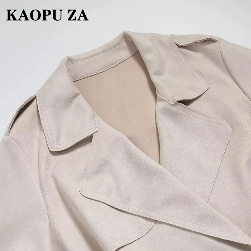 KAOPU ZA Autumn/Winter 2024 Women\'s casual trench coat with Belt Women vintage suede Texture Long sleeve lapel jacket top