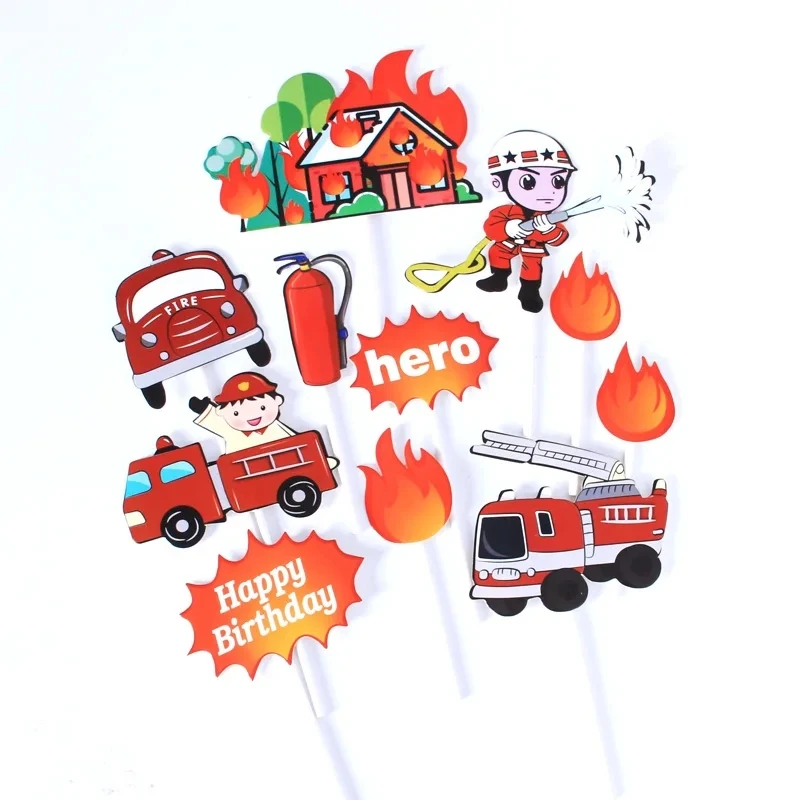 Cake Topper Firefighters Fireman Set Fire Ladder Truck DIY Cake Cupcake Toppers Kids Boys Men Birthday Party Dessert Decor Flags