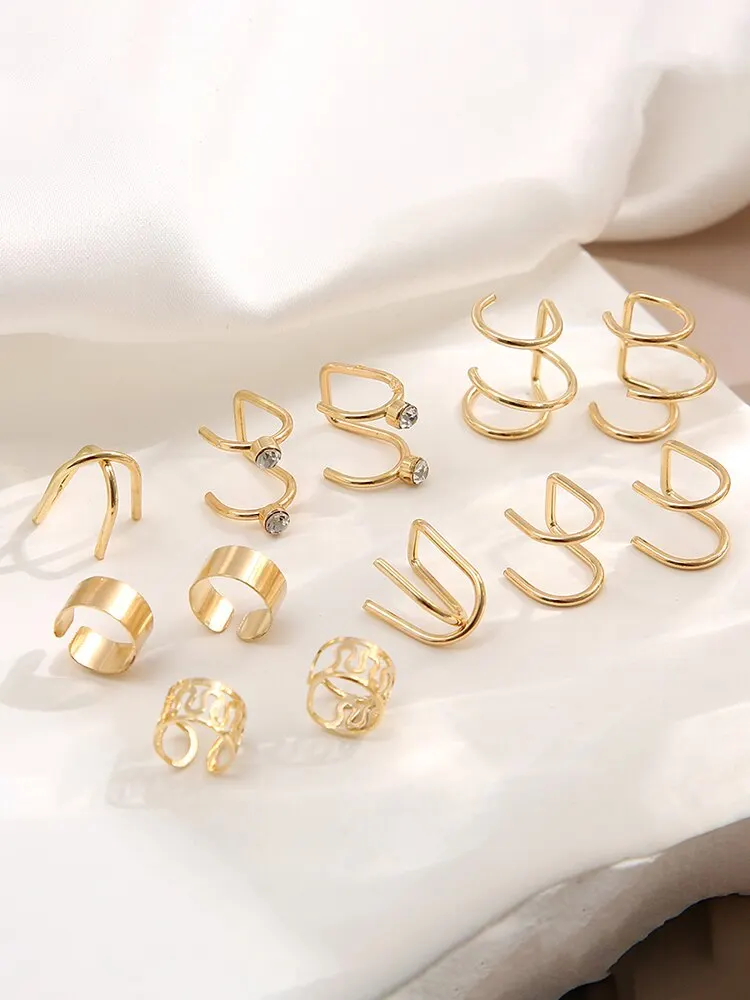 12 Pieces Vintage Gold Silver Color Ear Clip Earrings Set Crystal NonPiercing Ear Cuff Hollow Women Trendy Jewelry Wholesale