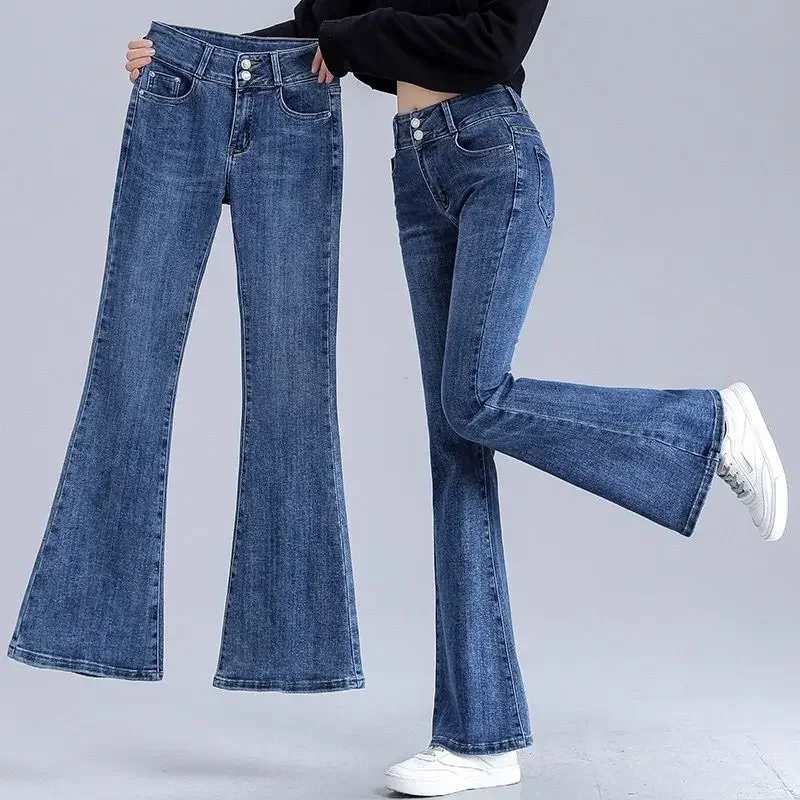 Womens Jeans Blue Flare Trousers High Waist Shot Pants for Women Bell Bottom Flared Japanese Y2k Medium Wash Stylish Clothing Z