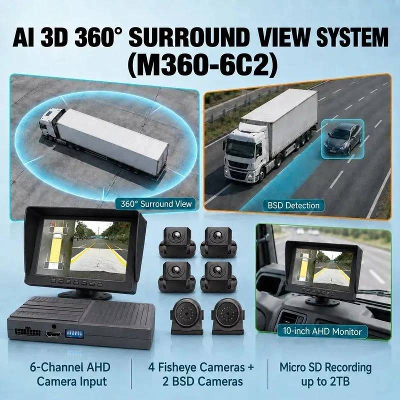 Alwaycare Commercial 6CH AI 3D 360 Around View Monitoring System with 2CH BSD 2TB SD 10 Inch AHD Display for Truck Bus Fleet