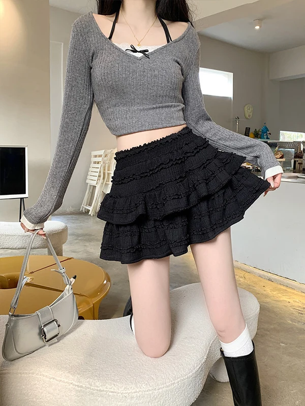 

Sweet Girl Ballet Style Puffy Half-length Skirt Set Korean System Spring New Women's Fashion Set Short Skirt Ensemble