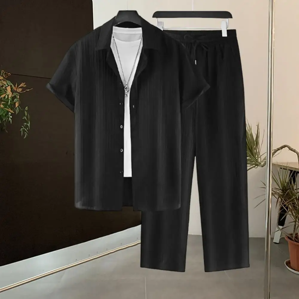 2Pcs/Set Men Casual Outfit Lapel Short Sleeve Single Breasted Shirt Elastic Waist Long Pants Set Solid Color Solid Color Outfit