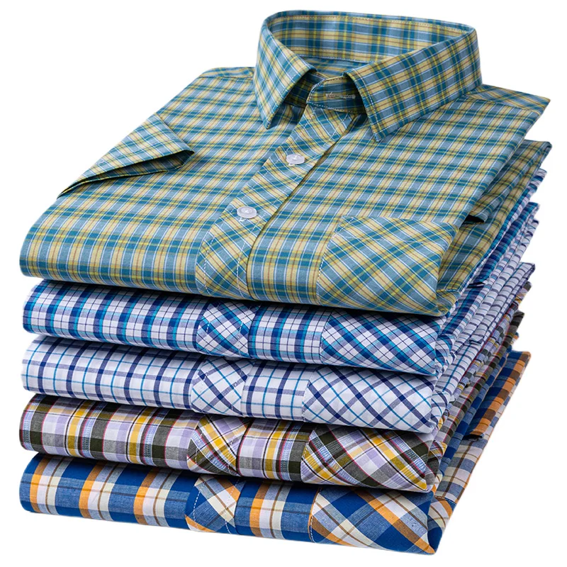 Camisas xadrez de manga curta masculina, camisa fina e confortável, roupa casual, moda verão, novo, 100% algodão, S-8XL