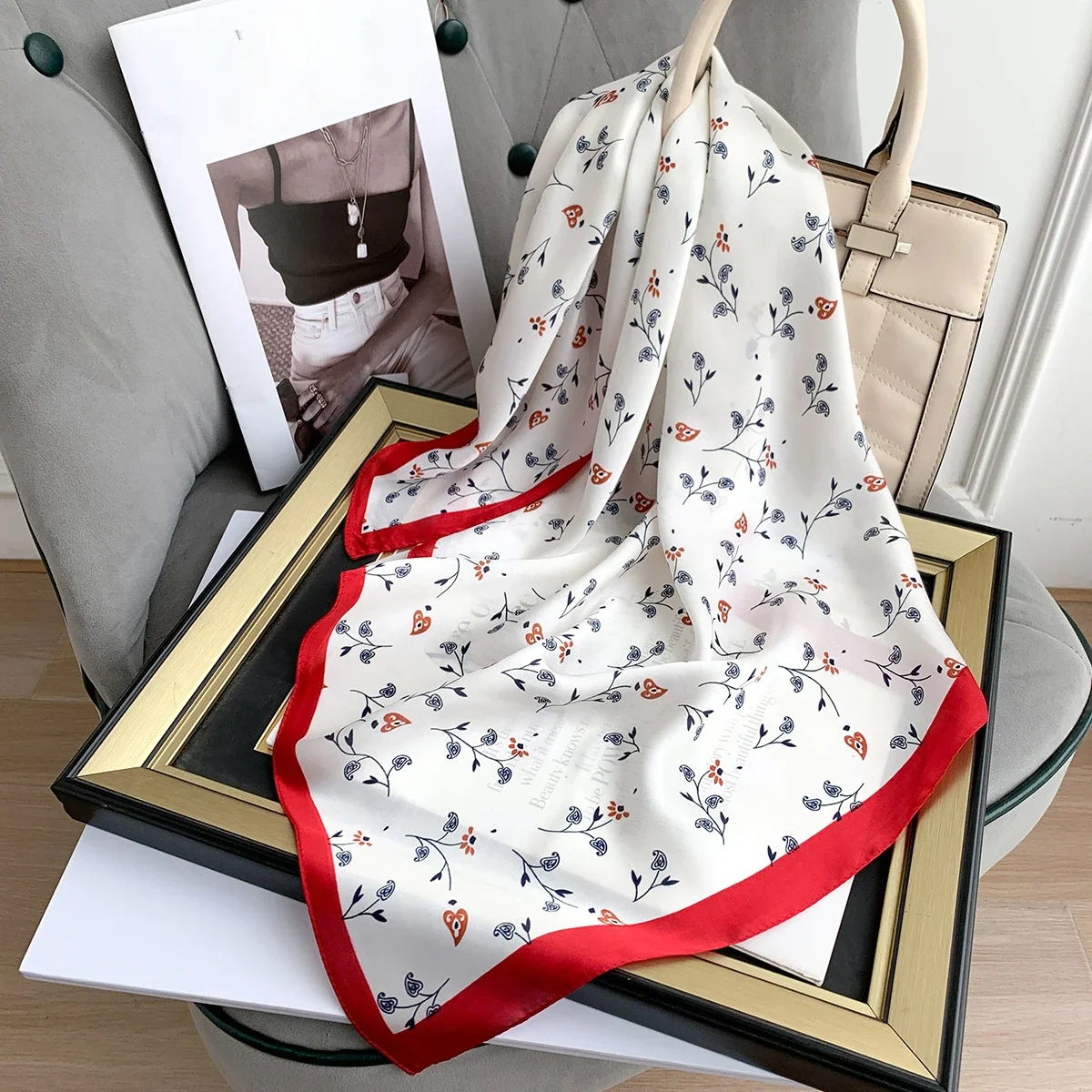 Spring/Summer Concise Floral Print Imitation Silk Hijab Outdoor Breathable Wraps for Women 70*70cm Versatile Print Square Scarf