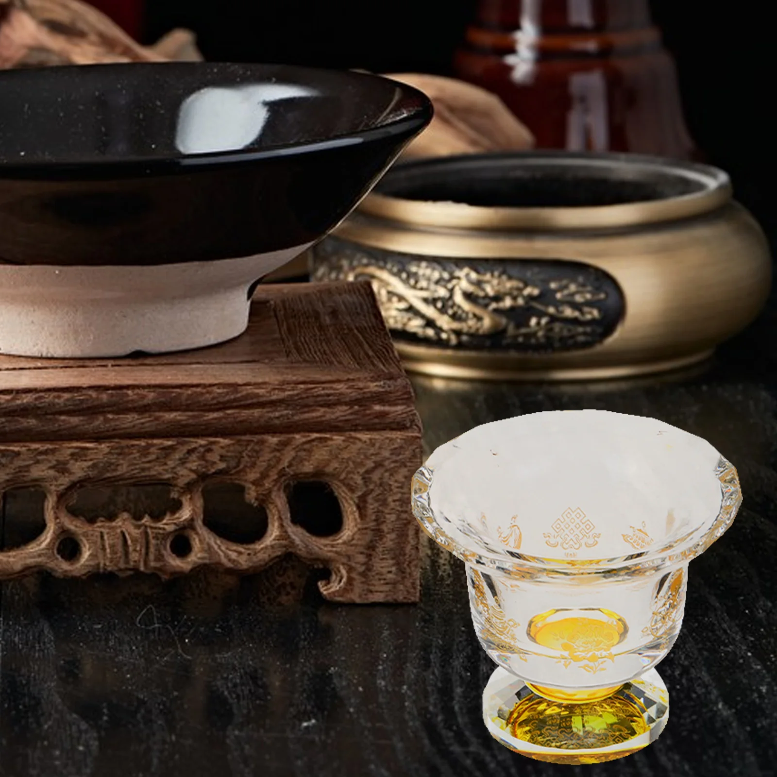

1Pcs Buddhist Offering Cup Exquisite Golden Pattern Worship Cup Home Temple Auspicious Blessing Decor