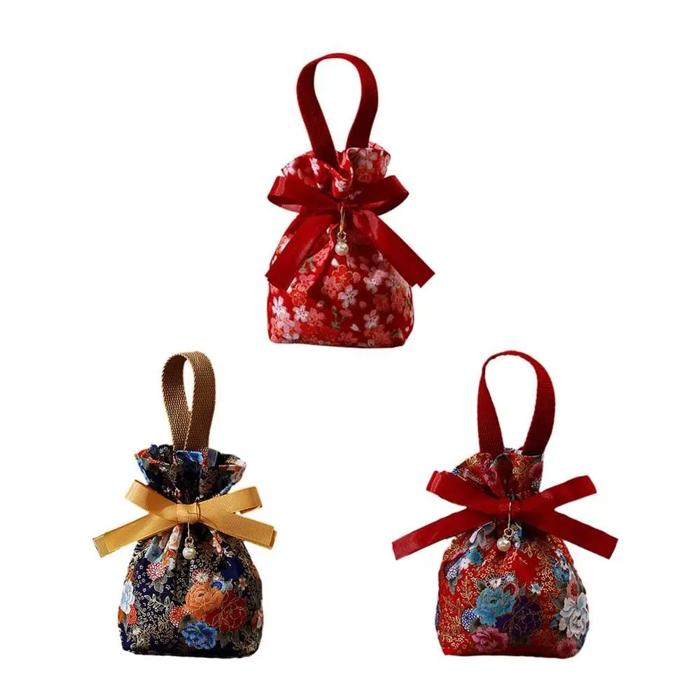 Bolso con cordón de flores florales, colgante de perlas con lazo de satén, bolso de muñeca de lona, monedero, cartera, bolso de cubo, bolsa de azúcar festiva para fiesta