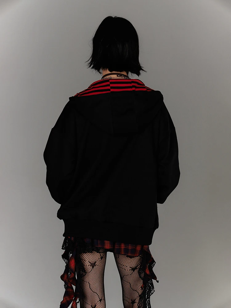 เสื้อฮู้ดดี้ทรงหลวม YUKAHOUSE รุ่นใหม่ ลายทาง ซิปหน้า สไตล์สาวทันสมัย Y2K เสื้อผ้าผู้หญิง ผ้าผสมคอตตอนและโพลีเอสเตอร์ สำหรับฤดูใบไม้ผลิ