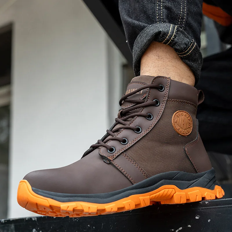 Waterproof Borwn Color Safety Shoes Men Steel Toe Work Boots Unisex Hiking Trail Anti-smash Non Slip Botas Platform Men Boots