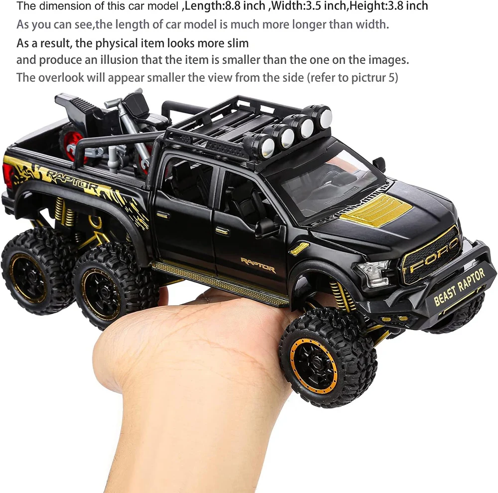 1:24 Pickup Trucks for Boys F150 Raptor Diecast Metal Model Car with Sound and Light for Kids Age 3 Year and up