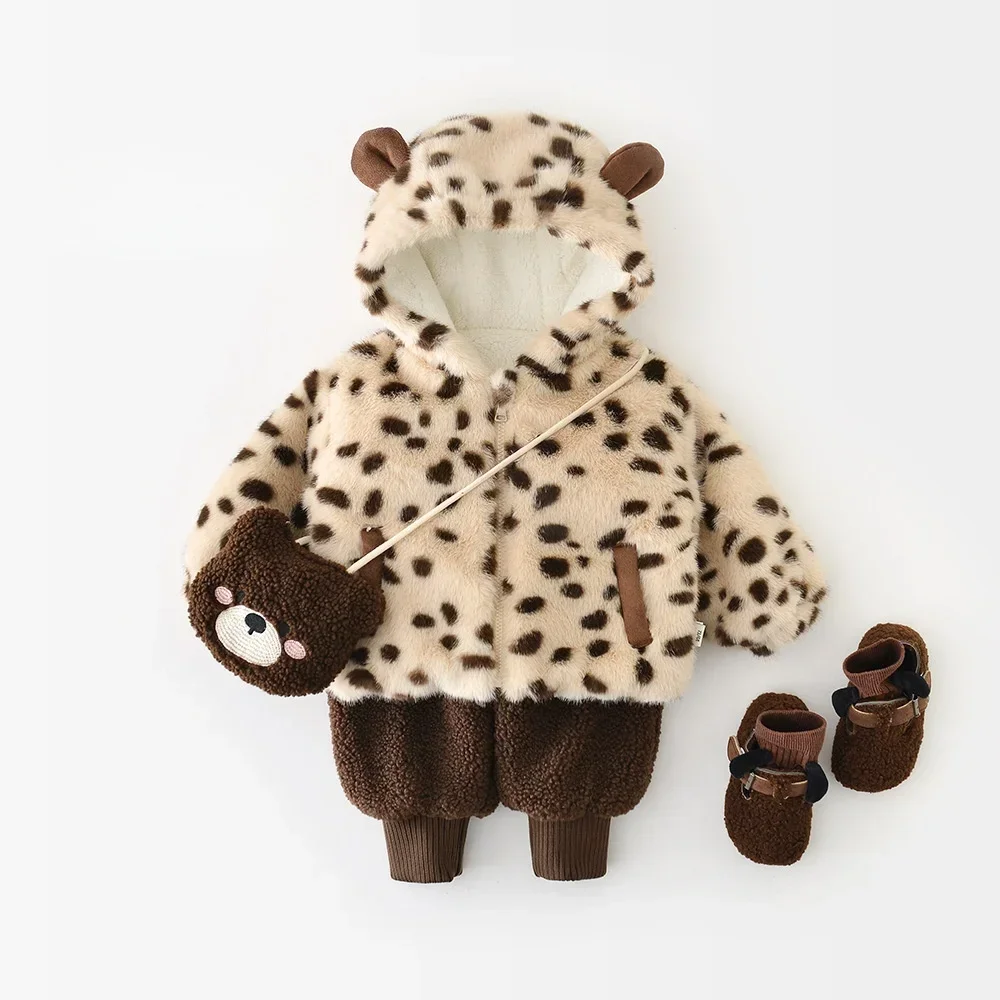

Autumn Winter Coat for Girls 6M-3Y Kids Plush Leopard Print Ear Hooded Jacket Warm Fleece Lined Children Outerwear